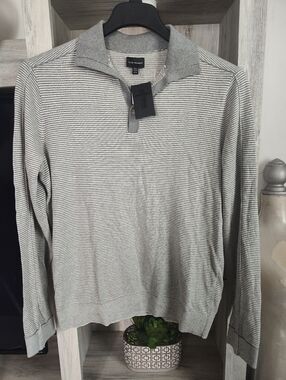 Club Monaco Men's Gray Striped Zip-Front Knit Polo SZ M New With Tags